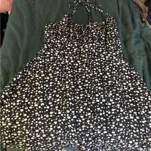 Black Halter Floral Sundress with White Ditsy Print